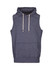 A sleeveless hoodie in a heather navy colour with a front pocket and a hood. It features a logo on the design.