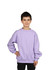 A kid wearing a lavender crew neck jumper. The jumper has a relaxed fit and long sleeves.