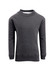 A grey crew neck jumper with long sleeves and ribbed cuffs. It features a plain design and has a brand logo.