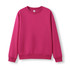 A bright pink crew neck jumper with long sleeves and ribbed cuffs and hem, featuring a logo.