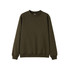 A green crew neck jumper in a relaxed style, featuring long sleeves and ribbed cuffs. The garment has a small logo.