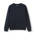 A navy blue kids' crew neck jumper with long sleeves and ribbed cuffs, featuring a logo on the front.
