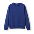 A blue crew neck jumper with long sleeves and ribbed cuffs. It features a simple design and has a branding logo.