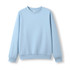 A light blue crew neck jumper with ribbed cuffs and hem, featuring a plain design and a branding logo.