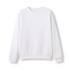 A white crew neck jumper with long sleeves and ribbed cuffs, featuring a simple design and a logo.