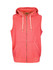A sleeveless zip hoodie in vibrant coral, featuring a hood and pockets, with branding present.