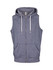 A sleeveless zip hoodie in heather blue with a hood and front pockets, featuring a logo.