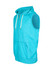 A sleeveless zip hoodie in bright turquoise with a front pocket and a hood, featuring a logo.