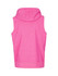 A pink sleeveless zip hoodie with a hood, featuring a back view design. It includes a logo or branding element.