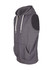A grey sleeveless zip hoodie with a hood and front pockets, featuring a logo on the chest.