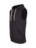 A black sleeveless zip hoodie with a front pocket and drawstring hood. It features a logo on the design.