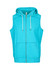 A sleeveless zip hoodie in bright turquoise with a hood and front pockets, featuring a logo.