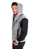 A grey and black men's varsity jacket with a hood, featuring a logo and striped cuffs.