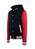 A men's varsity jacket in navy blue and red, featuring a hood, white buttons, and striped cuffs.
