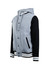 A grey and black men's varsity jacket with a hood, featuring a front button closure and striped cuffs.