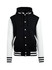 A black and white men's varsity jacket with a hood and striped cuffs, featuring pockets and a logo.