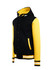 Men's varsity jacket and hood in black and yellow, featuring a hood, front pockets, and striped cuffs.
