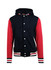 A men's varsity jacket in navy and red, featuring a hood, buttons, and contrasting stripes on the sleeves.