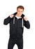 A black men's brushed heavy zip fleece hoodie with a front zip and drawstring hood, featuring a logo.