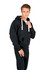 A black brushed heavy zip fleece hoodie with a front pocket and drawstring hood, worn by a model.