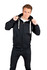 A black men's brushed heavy zip fleece hoodie with a front zip and drawstring hood, featuring a logo.