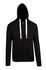 A black zip fleece hoodie with a hood and contrasting white drawstrings. It features front pockets and is unadorned.