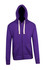 A purple zip fleece hoodie with a hood, featuring a front pouch pocket and drawstring details. It has a logo.