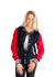 A women's varsity jacket in navy blue with red sleeves and stripes, featuring a logo on the chest.