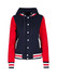A women's varsity jacket in navy and red, featuring a hood, striped cuffs, and a branded logo.