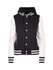 A women's varsity jacket in black and white, featuring a hood and striped cuffs, with a logo on the front.