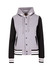 A grey and black women's varsity jacket with a hood, featuring striped ribbing and front pockets.