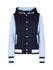 A women's varsity jacket and hood in navy blue and light blue, featuring a hood and striped cuffs.