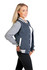A women's junior varsity jacket in navy and grey, featuring white stripes and pockets, displayed on a model.