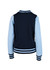 A women's junior varsity jacket featuring a navy body and light blue sleeves, with ribbed cuffs and collar.