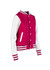 A pink and white women's junior varsity jacket featuring button closures and striped cuffs. It has a logo on the front.