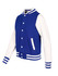 A blue and white women's varsity jacket with striped cuffs and a front pocket, featuring a logo.