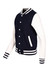 A navy blue and white women's varsity jacket with a button-up front and striped cuffs. Features a logo on the chest.