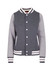 A grey women's junior varsity jacket featuring contrast sleeves and a ribbed hem with a logo.