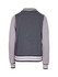 A grey and light grey women’s junior varsity jacket with contrasting ribbed cuffs, collar, and waistband, featuring a logo.