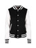 A black and white women's varsity jacket with a button front and striped cuffs. It features a logo on the chest.