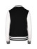 A black and white women's varsity jacket with a striped ribbed collar and cuffs, featuring a logo on the back.