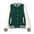 A women's junior varsity jacket in dark green with cream sleeves and striped cuffs. Features a logo on the front.