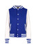 A blue and white women's junior varsity jacket featuring a logo, with striped cuffs and collar.