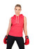 A sleeveless red hoodie with a hood and drawstrings, worn by a person with boxing gloves.