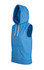 A sleeveless blue hoodie featuring a front pocket and an attached hood, with a logo on the front.