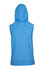 A blue sleeveless hoodie with a hood, featuring a seamless back design and a logo.