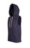 A sleeveless navy hoodie with a hood and a front pocket, featuring a branding logo.