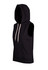 A sleeveless hooded hoodie in black with a front pocket and a drawstring. It features a logo.