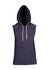 A sleeveless hoodie in heather navy with a front pocket and drawstrings, featuring a logo.