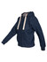 A dark navy fleece hoodie with a zip front, cream drawstrings, and a logo on the chest.
